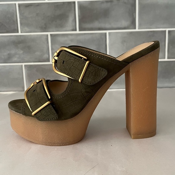 VERONICA BEARD GARRICK CROCO DUAL BUCKLE PLATFORM SANDALS IN KHAKI Size 6 New - Picture 1 of 13